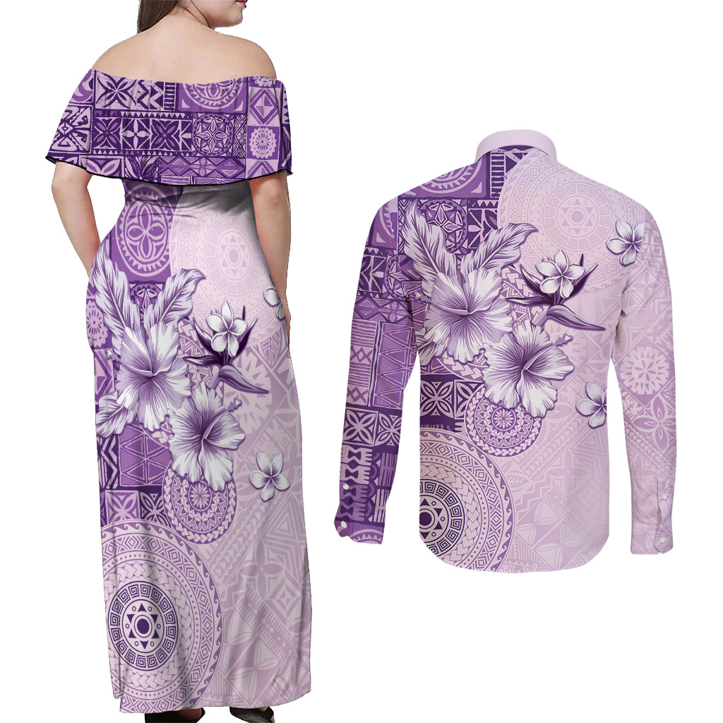 Hawaii Tapa Pattern With Violet Hibiscus Couples Matching Off Shoulder Maxi Dress and Long Sleeve Button Shirt LT05 - Polynesian Pride