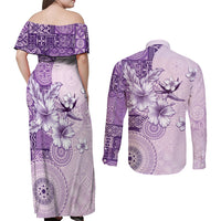 Hawaii Tapa Pattern With Violet Hibiscus Couples Matching Off Shoulder Maxi Dress and Long Sleeve Button Shirt LT05 - Polynesian Pride