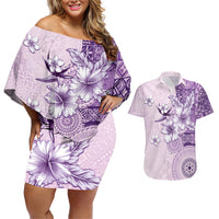 Hawaii Tapa Pattern With Violet Hibiscus Couples Matching Off Shoulder Short Dress and Hawaiian Shirt LT05 Violet - Polynesian Pride