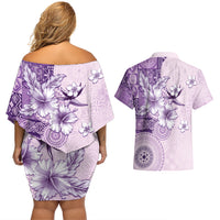 Hawaii Tapa Pattern With Violet Hibiscus Couples Matching Off Shoulder Short Dress and Hawaiian Shirt LT05 - Polynesian Pride