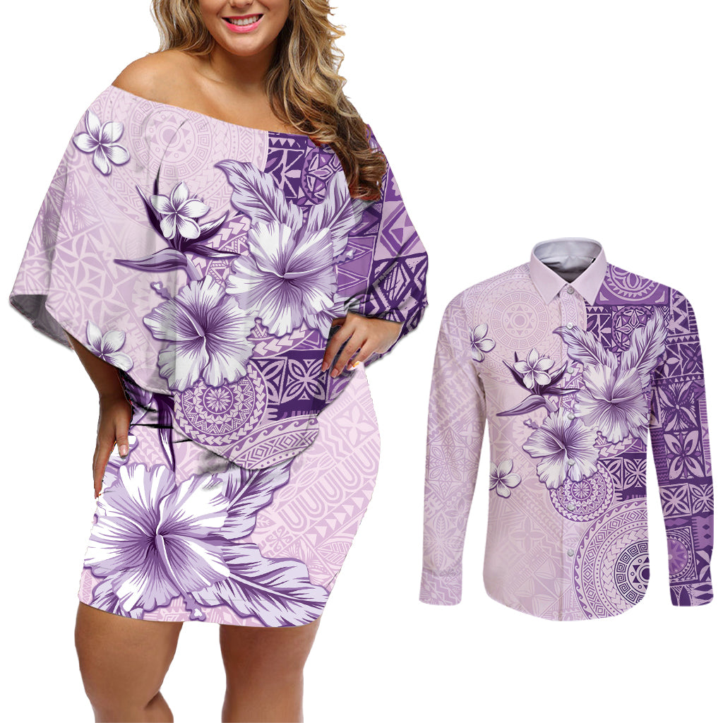 Hawaii Tapa Pattern With Violet Hibiscus Couples Matching Off Shoulder Short Dress and Long Sleeve Button Shirt LT05 Violet - Polynesian Pride