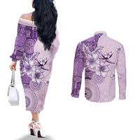 Hawaii Tapa Pattern With Violet Hibiscus Couples Matching Off The Shoulder Long Sleeve Dress and Long Sleeve Button Shirt LT05 - Polynesian Pride
