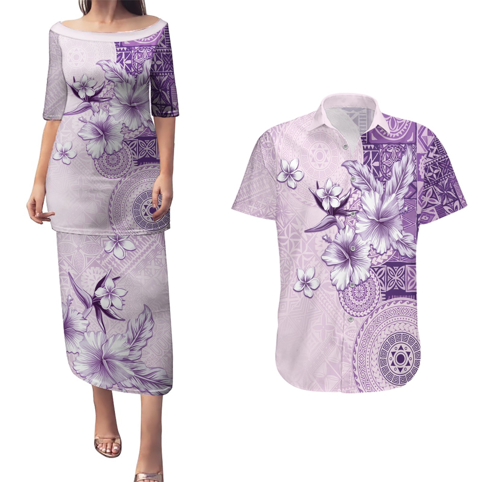 Hawaii Tapa Pattern With Violet Hibiscus Couples Matching Puletasi and Hawaiian Shirt LT05 Violet - Polynesian Pride
