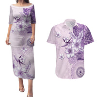 Hawaii Tapa Pattern With Violet Hibiscus Couples Matching Puletasi and Hawaiian Shirt LT05 Violet - Polynesian Pride