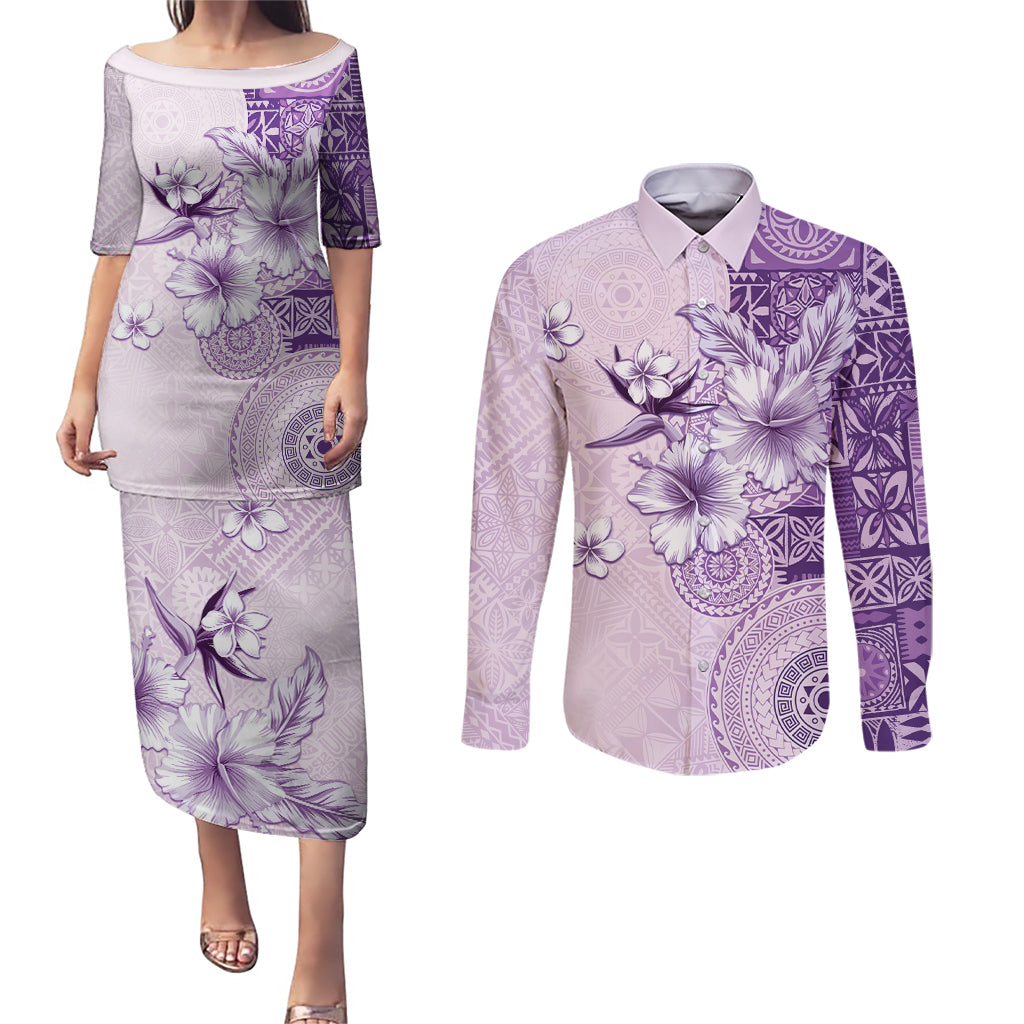 Hawaii Tapa Pattern With Violet Hibiscus Couples Matching Puletasi and Long Sleeve Button Shirt LT05 Violet - Polynesian Pride