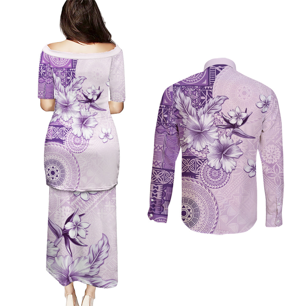 Hawaii Tapa Pattern With Violet Hibiscus Couples Matching Puletasi and Long Sleeve Button Shirt LT05 - Polynesian Pride