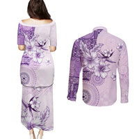 Hawaii Tapa Pattern With Violet Hibiscus Couples Matching Puletasi and Long Sleeve Button Shirt LT05 - Polynesian Pride
