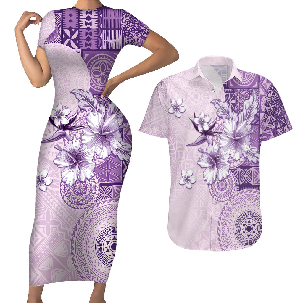Hawaii Tapa Pattern With Violet Hibiscus Couples Matching Short Sleeve Bodycon Dress and Hawaiian Shirt LT05 Violet - Polynesian Pride