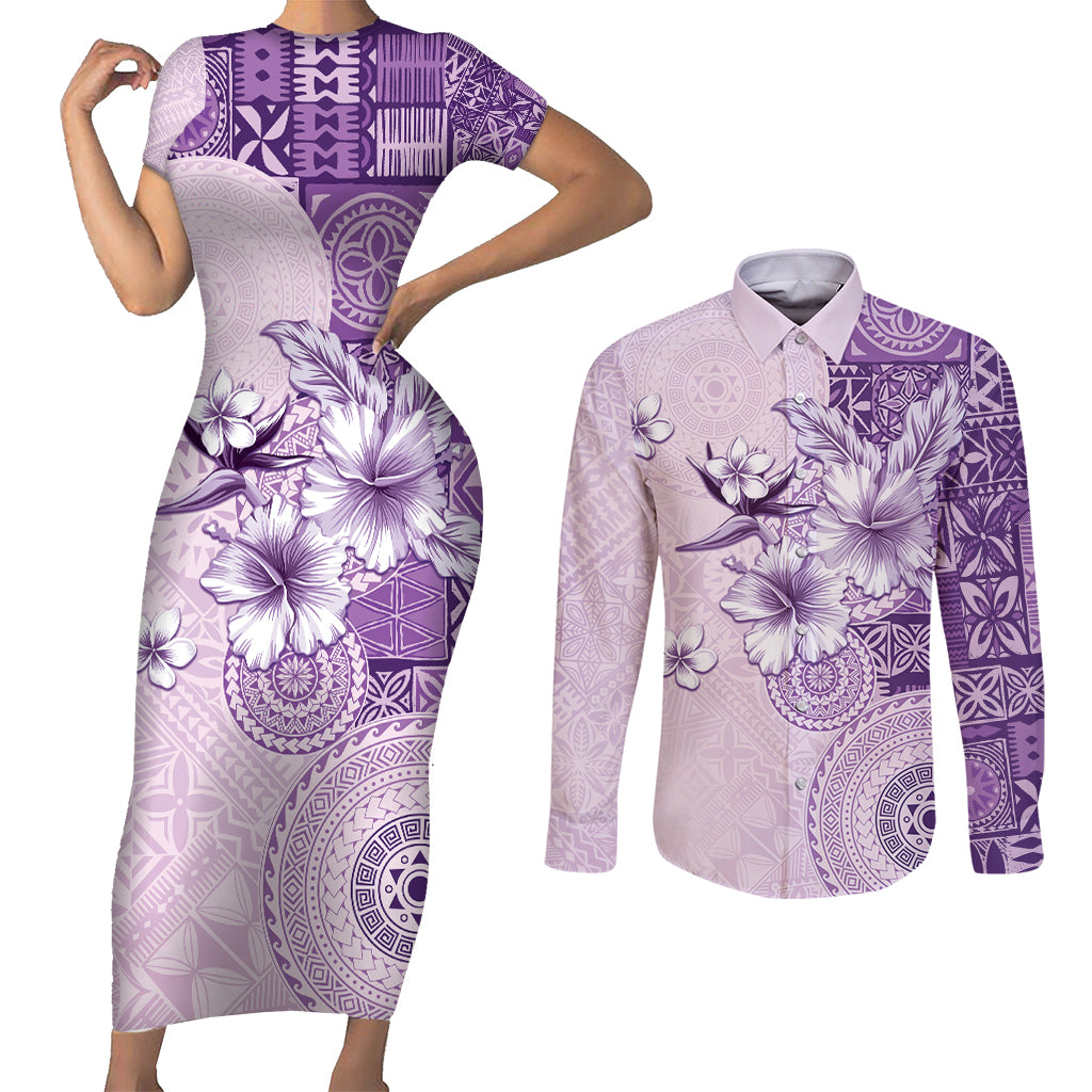 Hawaii Tapa Pattern With Violet Hibiscus Couples Matching Short Sleeve Bodycon Dress and Long Sleeve Button Shirt LT05 Violet - Polynesian Pride