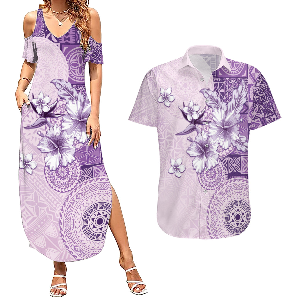 Hawaii Tapa Pattern With Violet Hibiscus Couples Matching Summer Maxi Dress and Hawaiian Shirt LT05 Violet - Polynesian Pride