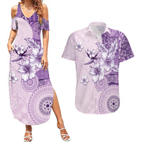Hawaii Tapa Pattern With Violet Hibiscus Couples Matching Summer Maxi Dress and Hawaiian Shirt LT05 Violet - Polynesian Pride