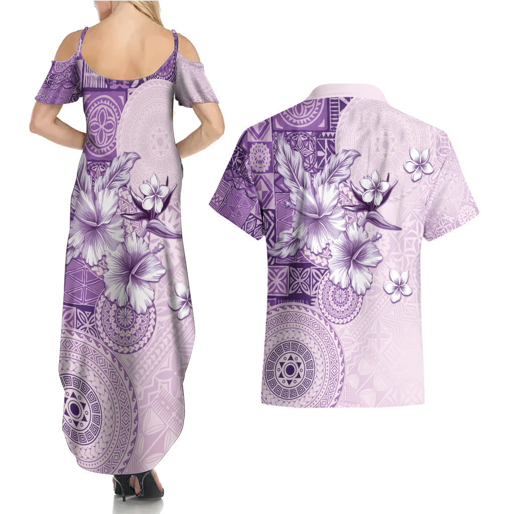 Hawaii Tapa Pattern With Violet Hibiscus Couples Matching Summer Maxi Dress and Hawaiian Shirt LT05 - Polynesian Pride