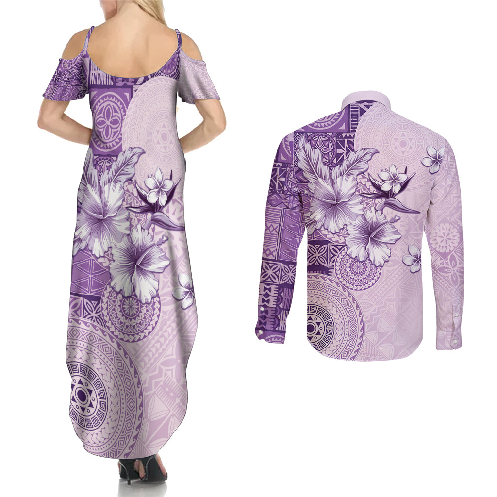 Hawaii Tapa Pattern With Violet Hibiscus Couples Matching Summer Maxi Dress and Long Sleeve Button Shirt LT05 - Polynesian Pride