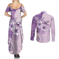 Hawaii Tapa Pattern With Violet Hibiscus Couples Matching Summer Maxi Dress and Long Sleeve Button Shirt LT05 - Polynesian Pride