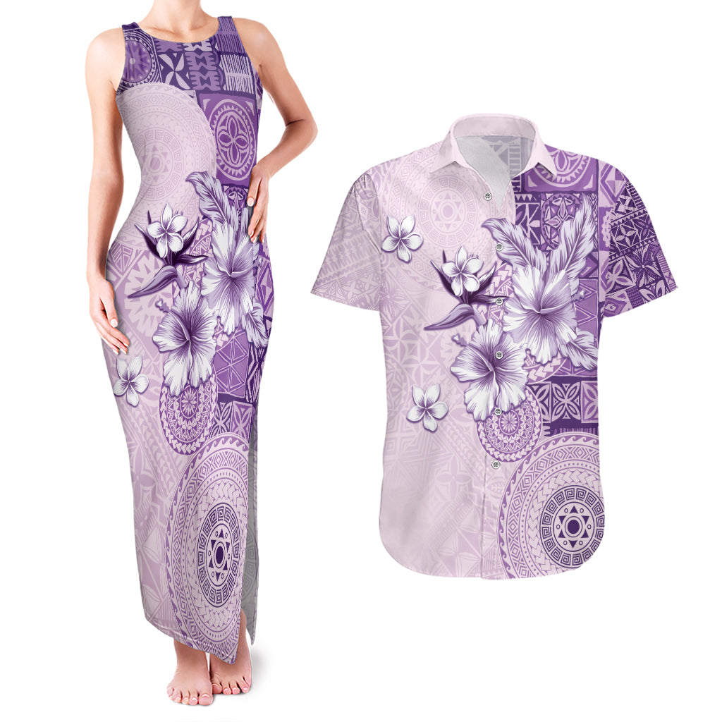 Hawaii Tapa Pattern With Violet Hibiscus Couples Matching Tank Maxi Dress and Hawaiian Shirt LT05 Violet - Polynesian Pride