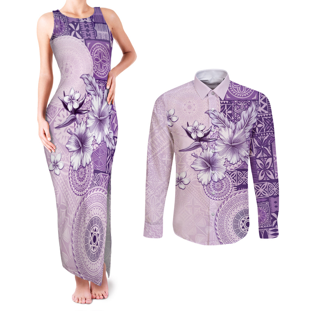 Hawaii Tapa Pattern With Violet Hibiscus Couples Matching Tank Maxi Dress and Long Sleeve Button Shirt LT05 Violet - Polynesian Pride