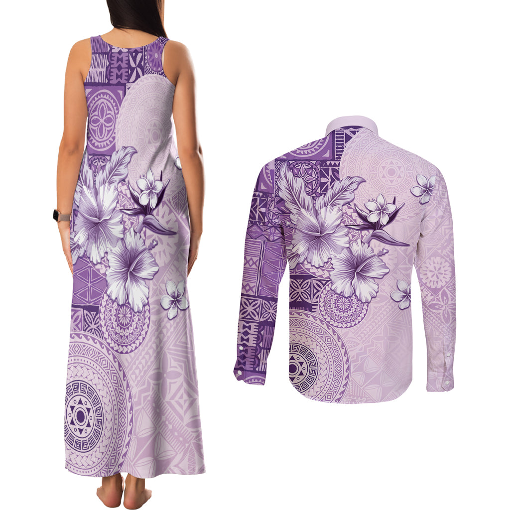Hawaii Tapa Pattern With Violet Hibiscus Couples Matching Tank Maxi Dress and Long Sleeve Button Shirt LT05 - Polynesian Pride