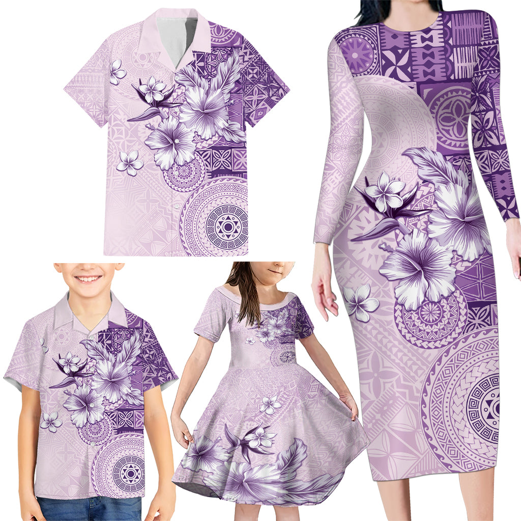 Hawaii Tapa Pattern With Violet Hibiscus Family Matching Long Sleeve Bodycon Dress and Hawaiian Shirt