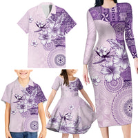 Hawaii Tapa Pattern With Violet Hibiscus Family Matching Long Sleeve Bodycon Dress and Hawaiian Shirt LT05 - Polynesian Pride
