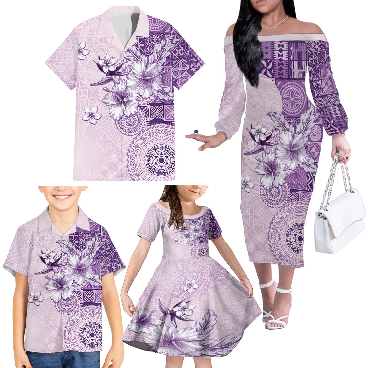 Hawaii Tapa Pattern With Violet Hibiscus Family Matching Off The Shoulder Long Sleeve Dress and Hawaiian Shirt