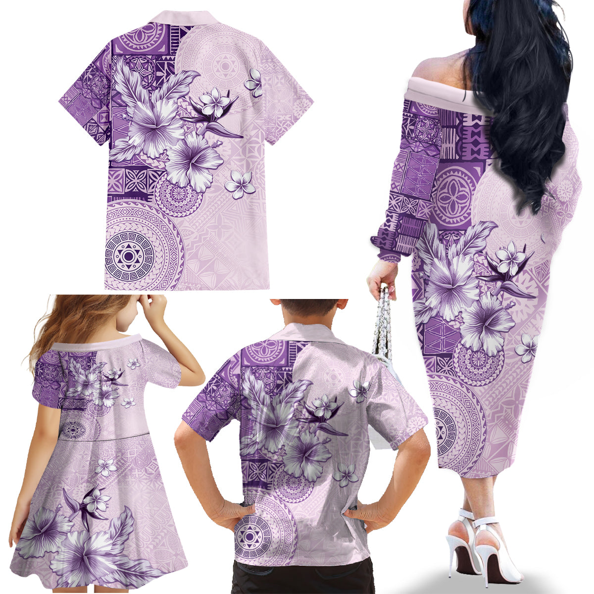 Hawaii Tapa Pattern With Violet Hibiscus Family Matching Off The Shoulder Long Sleeve Dress and Hawaiian Shirt LT05 - Polynesian Pride