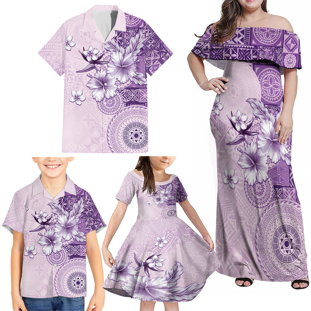 Hawaii Tapa Pattern With Violet Hibiscus Family Matching Off Shoulder Maxi Dress and Hawaiian Shirt LT05 - Polynesian Pride