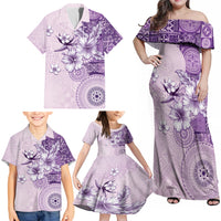Hawaii Tapa Pattern With Violet Hibiscus Family Matching Off Shoulder Maxi Dress and Hawaiian Shirt LT05 - Polynesian Pride