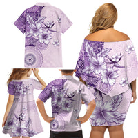 Hawaii Tapa Pattern With Violet Hibiscus Family Matching Off Shoulder Short Dress and Hawaiian Shirt LT05 - Polynesian Pride