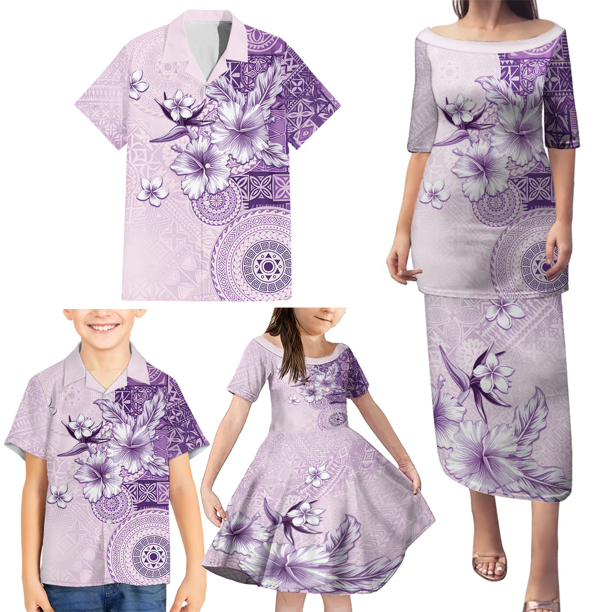 Hawaii Tapa Pattern With Violet Hibiscus Family Matching Puletasi and Hawaiian Shirt LT05 - Polynesian Pride