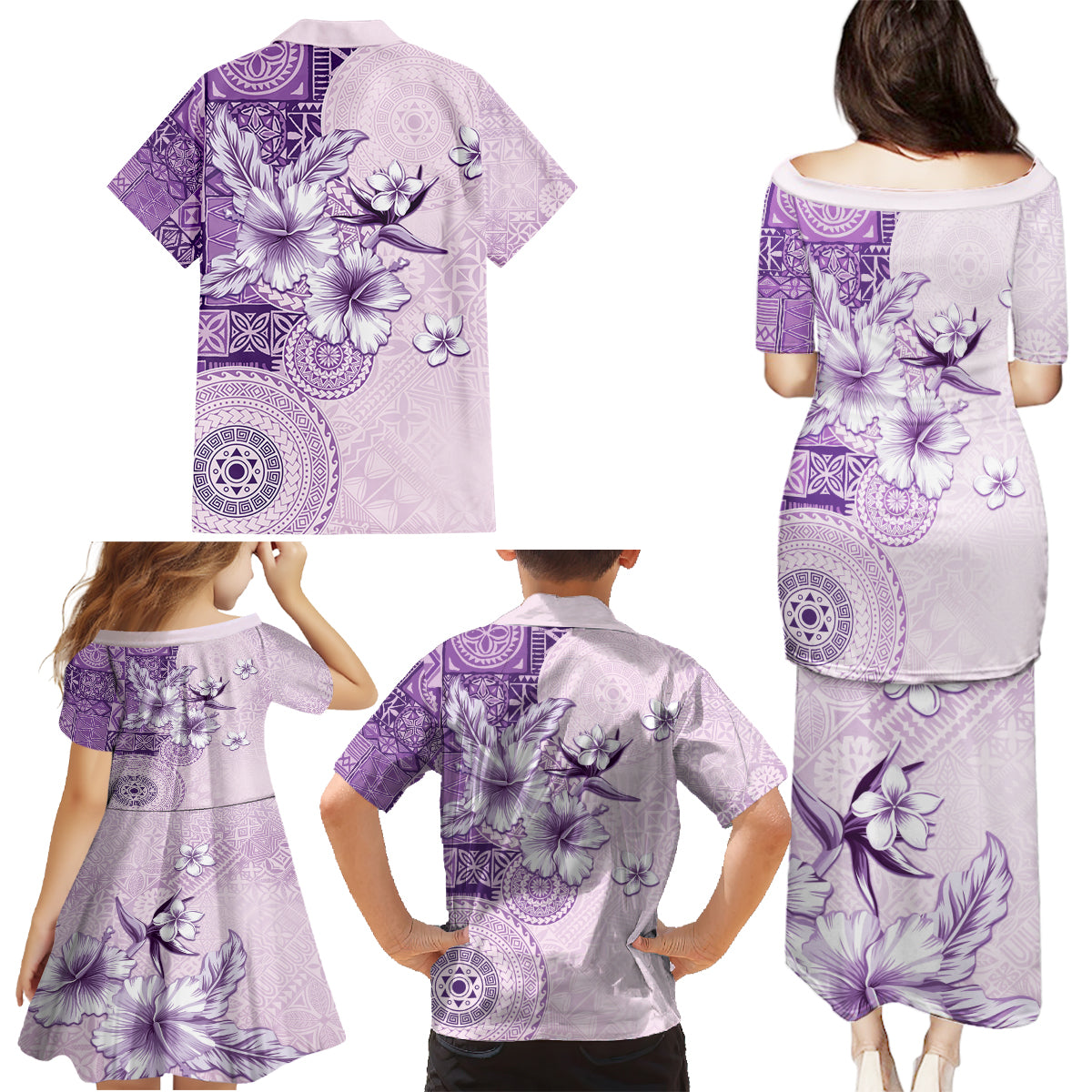Hawaii Tapa Pattern With Violet Hibiscus Family Matching Puletasi and Hawaiian Shirt LT05 - Polynesian Pride