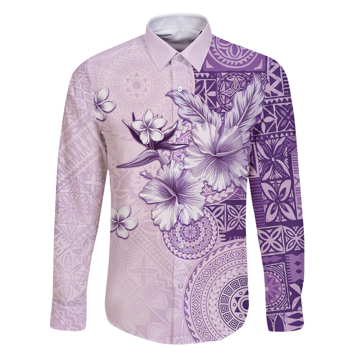 Hawaii Tapa Pattern With Violet Hibiscus Family Matching Puletasi and Hawaiian Shirt LT05 Dad's Shirt - Long Sleeve Violet - Polynesian Pride