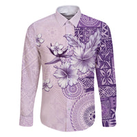 Hawaii Tapa Pattern With Violet Hibiscus Family Matching Puletasi and Hawaiian Shirt LT05 Dad's Shirt - Long Sleeve Violet - Polynesian Pride