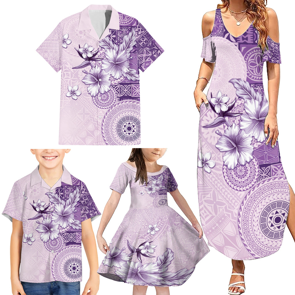 Hawaii Tapa Pattern With Violet Hibiscus Family Matching Summer Maxi Dress and Hawaiian Shirt LT05 - Polynesian Pride