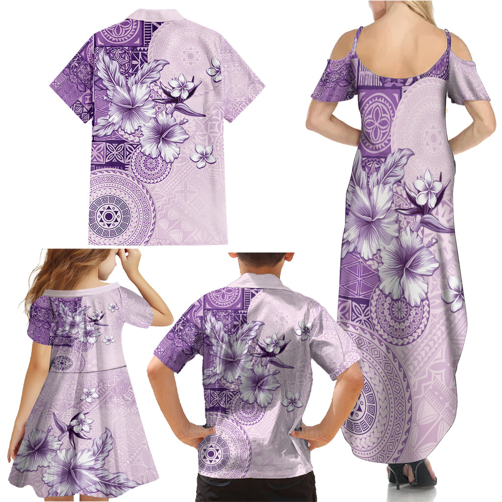 Hawaii Tapa Pattern With Violet Hibiscus Family Matching Summer Maxi Dress and Hawaiian Shirt LT05 - Polynesian Pride