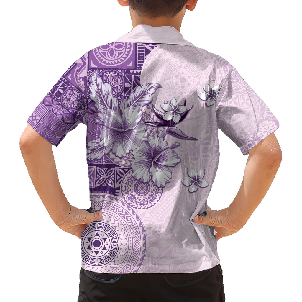 Hawaii Tapa Pattern With Violet Hibiscus Family Matching Tank Maxi Dress and Hawaiian Shirt