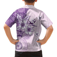 Hawaii Tapa Pattern With Violet Hibiscus Family Matching Tank Maxi Dress and Hawaiian Shirt