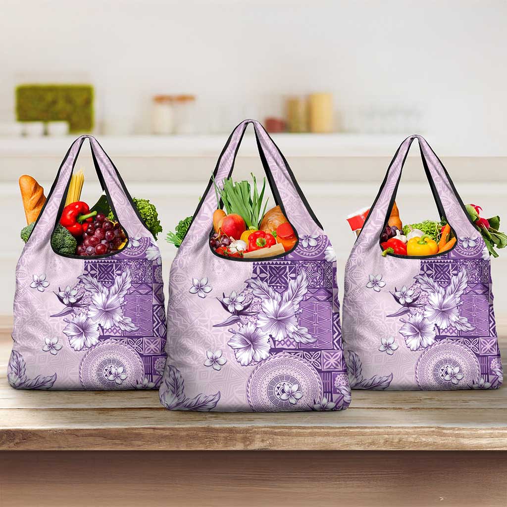 Hawaii Tapa Pattern With Violet Hibiscus Grocery Bag LT05 3-pack One Size Violet - Polynesian Pride