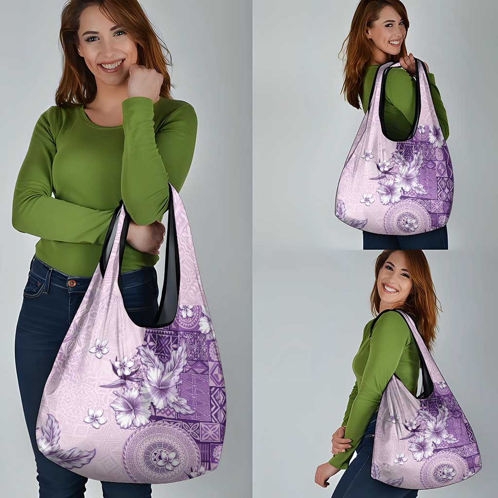 Hawaii Tapa Pattern With Violet Hibiscus Grocery Bag LT05 - Polynesian Pride