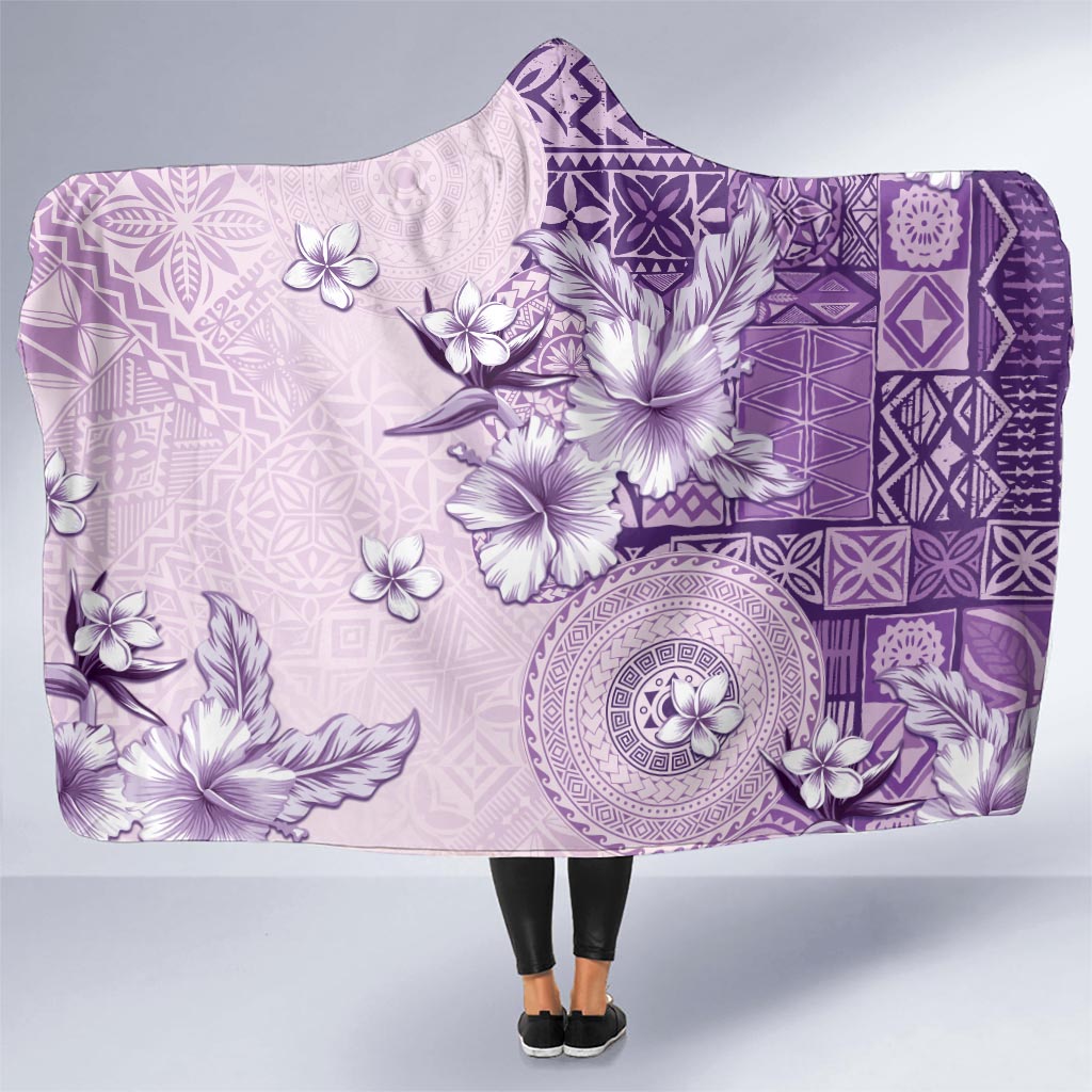 Hawaii Tapa Pattern With Violet Hibiscus Hooded Blanket LT05 - Polynesian Pride