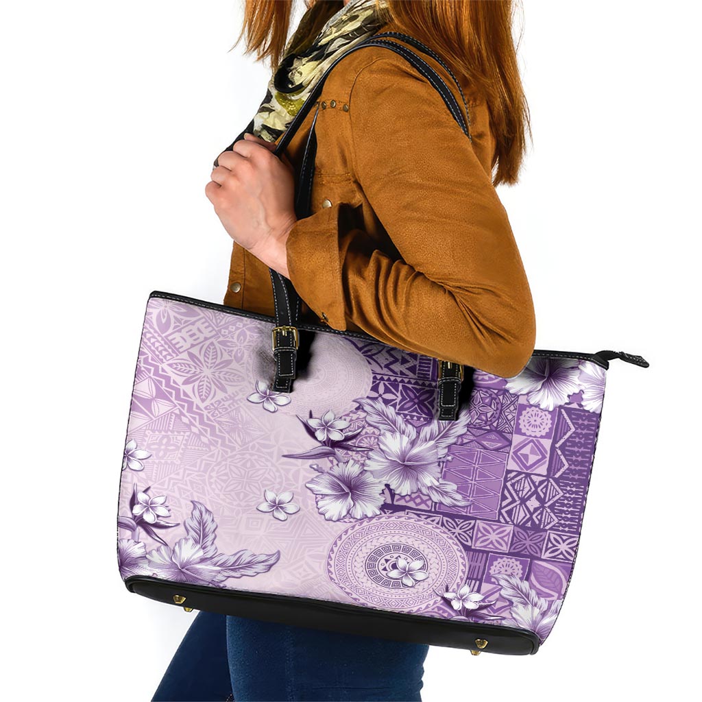 Hawaii Tapa Pattern With Violet Hibiscus Leather Tote Bag LT05 Violet - Polynesian Pride