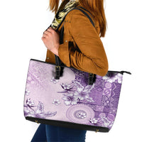 Hawaii Tapa Pattern With Violet Hibiscus Leather Tote Bag LT05 Violet - Polynesian Pride