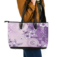 Hawaii Tapa Pattern With Violet Hibiscus Leather Tote Bag LT05 - Polynesian Pride