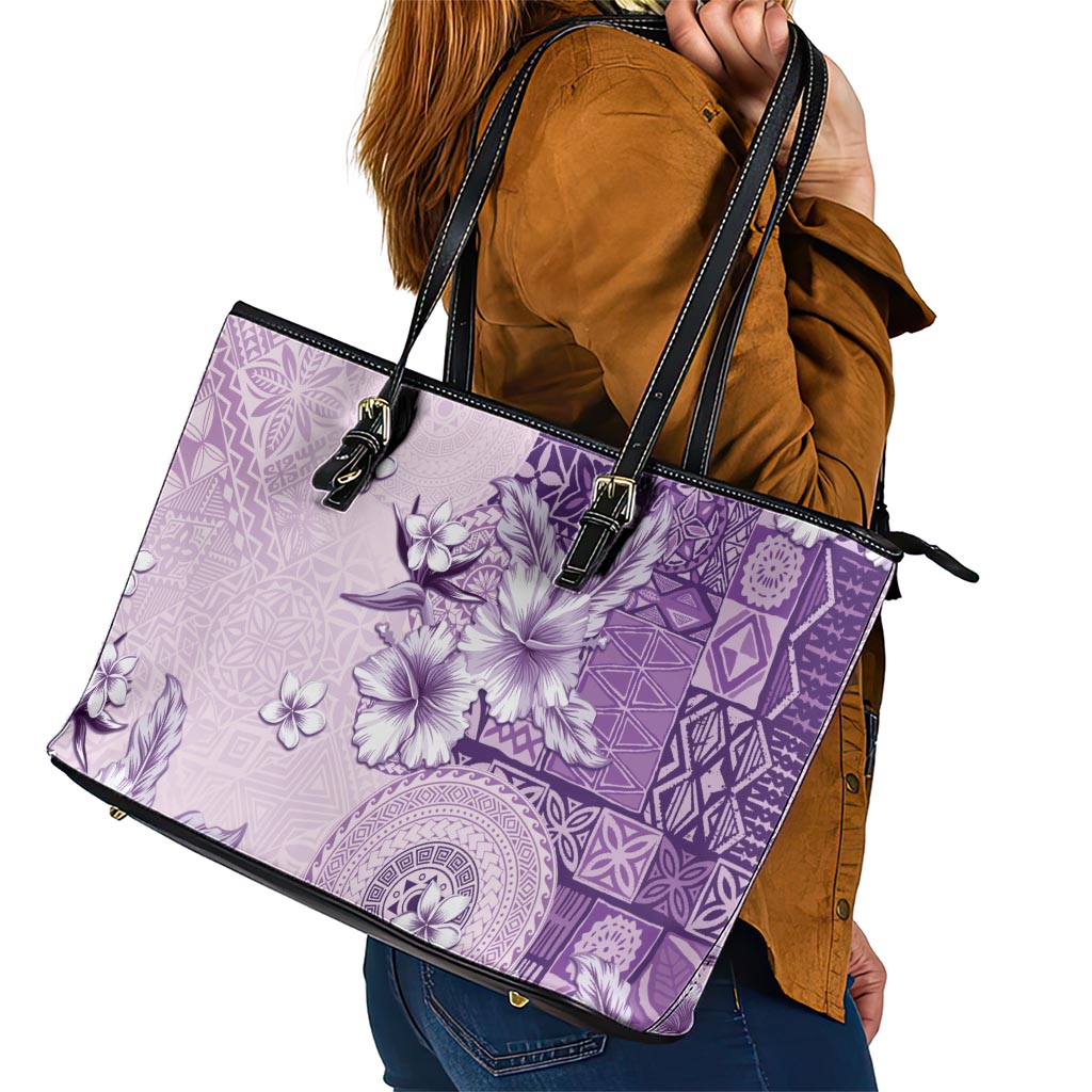 Hawaii Tapa Pattern With Violet Hibiscus Leather Tote Bag LT05 - Polynesian Pride