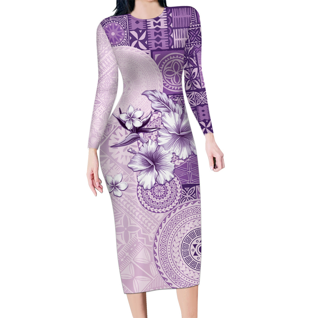 Hawaii Tapa Pattern With Violet Hibiscus Long Sleeve Bodycon Dress