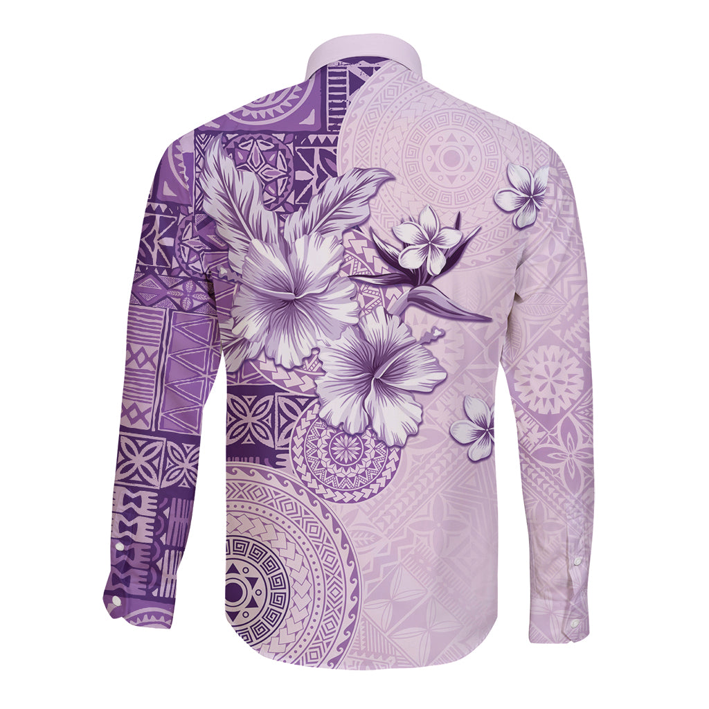 Hawaii Tapa Pattern With Violet Hibiscus Long Sleeve Button Shirt