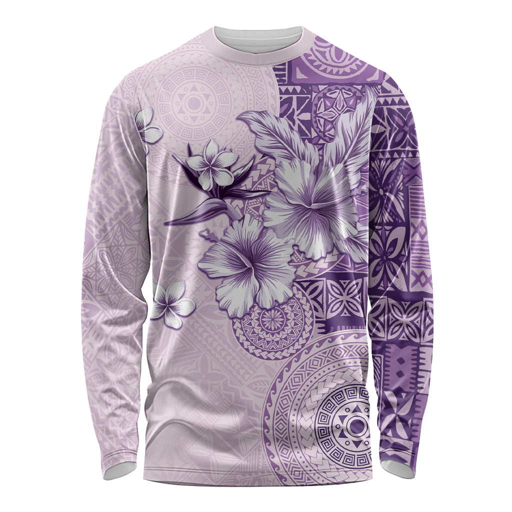 Hawaii Tapa Pattern With Violet Hibiscus Long Sleeve Shirt