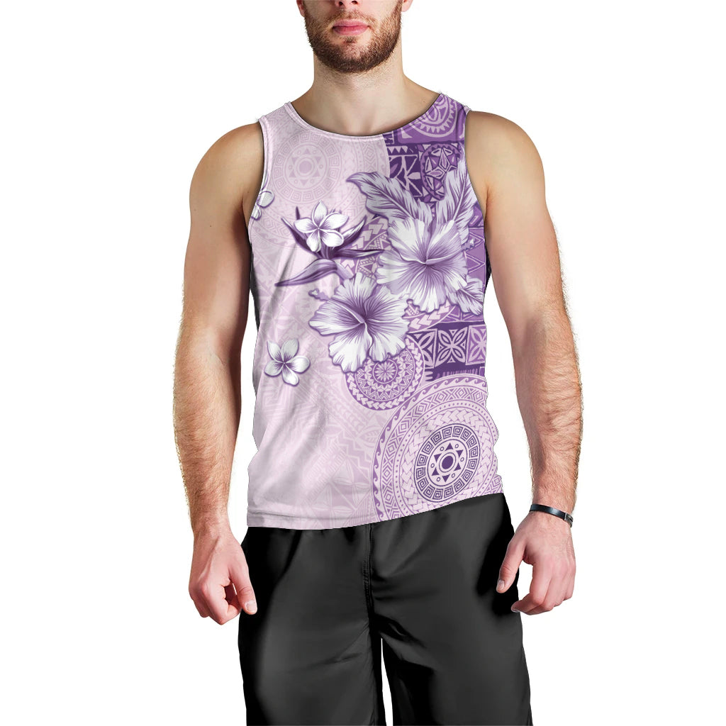 Hawaii Tapa Pattern With Violet Hibiscus Men Tank Top LT05 - Polynesian Pride