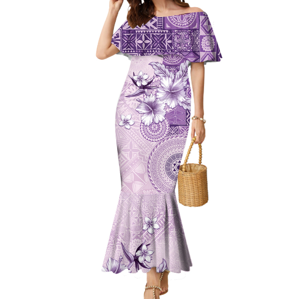Hawaii Tapa Pattern With Violet Hibiscus Mermaid Dress