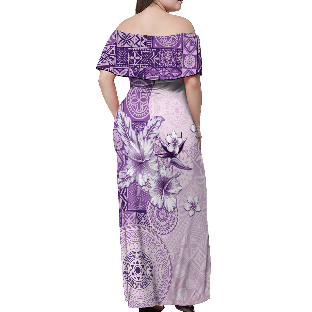 Hawaii Tapa Pattern With Violet Hibiscus Off Shoulder Maxi Dress LT05 - Polynesian Pride