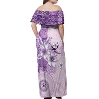 Hawaii Tapa Pattern With Violet Hibiscus Off Shoulder Maxi Dress LT05 - Polynesian Pride